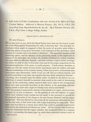 Item #27490 DANIELL CELL: "Fifth Letter on Voltaic Combinations, with Some Account of the Effects...