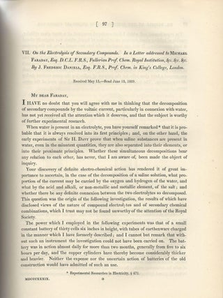 DANIELL CELL: "Fifth Letter on Voltaic Combinations, with Some Account of the Effects of a Large Constant Battery" & "On the Electrolysis of Secondary Compounds" (Philosophical Transactions of the Royal Society of London, Vol. 129 for the Year 1839 Part I & Part II, pp. 89-95, 97-112)