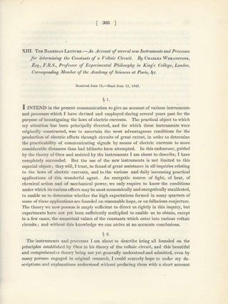 Item #27497 WHEATSTONE BRIDGE: “The Bakerian Lecture -- An Account of Several New Instruments...