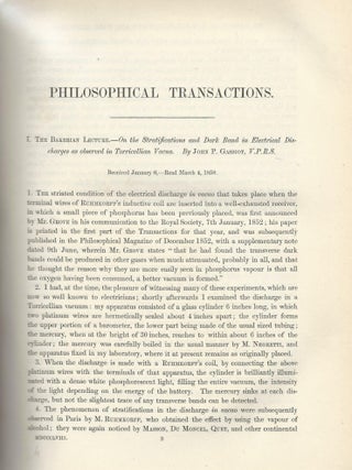 Item #27535 CATHODE RAYS: "The Bakerian Lecture -- On the Stratifications and Dark Band in...