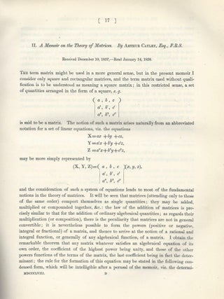 Item #27536 CAYLEY-HAMILTON THEORUM & MATRICES: "Memoir on the Theory of Matrices" & "A Memoir...