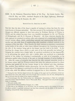 INFLAMMATION: "An Inquiry Regarding the Parts of the Nervous System Which Regulate the Contractions of the Arteries," "On the Cutaneous Pigmentary System of the Frog," & "On the Early Stages of Inflammation" (Philosophical Transactions of the Royal Society of London, Vol. 148 for the Year 1858, pp. 607-625, 627-643, 645-702)