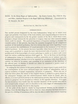 INFLAMMATION: "An Inquiry Regarding the Parts of the Nervous System Which Regulate the Contractions of the Arteries," "On the Cutaneous Pigmentary System of the Frog," & "On the Early Stages of Inflammation" (Philosophical Transactions of the Royal Society of London, Vol. 148 for the Year 1858, pp. 607-625, 627-643, 645-702)