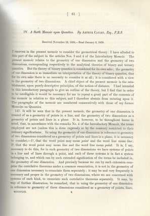 Item #27538 IMAGINARY DIMENSIONS IN GEOMETRY: "A Sixth Memoir Upon Quantics" (Philosophical...
