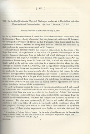 Item #27539 CATHODE RAYS II: "On the Stratifications in Electrical Discharges as Observed in...