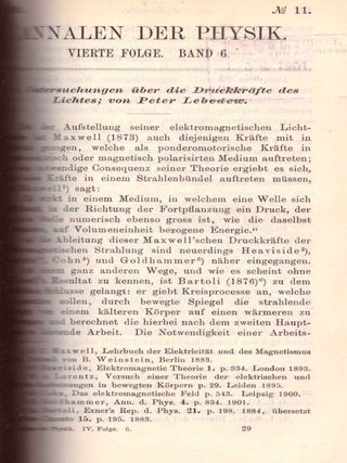 Item #27717 PRESSURE OF LIGHT: “Untersuchungen über die Druckkräfte des Lichtes” (Annalen...