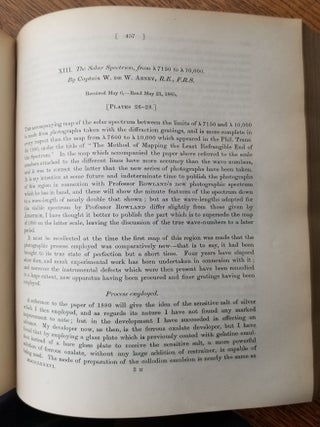 FIRST PHOTOGRAPHS OF THE SOLAR SPECTRUM IN THE INFRARED: "Colour Photometry." & "The Solar Spectrum, from 7150 to 10,000." (Philosophical Transactions of the Royal Society of London, Vol. 177 for the Year 1886 Part I & Part II, pp. 423-456, 457-469)