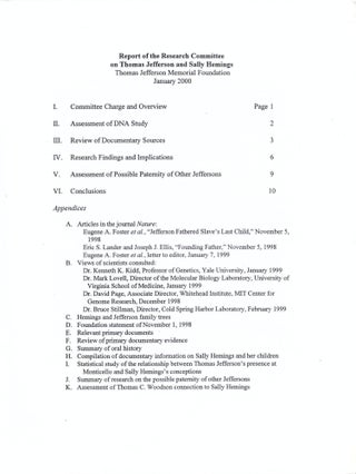 Report on Thomas Jefferson and Sally Hemings. January 2000