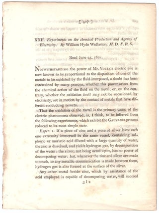 Item #29038 “Experiments on the Chemical Production and Agency of Electricity” ...
