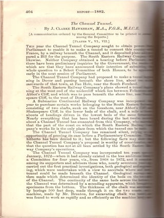ENGLISH CHANNEL TUNNEL "CHUNNEL" PROPOSAL: "The Channel Tunnel" (Report of the British Association for the Advancement of Science; Held at Southampton in August 1882, pp. 404-419)