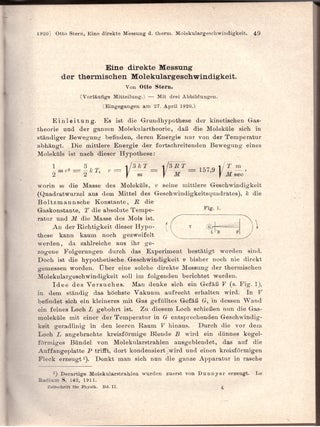 Item #29120 DIRECT MEASUREMENT FOR THERMAL MOLECULAR VELOCITY. “Eine direkte messung der...