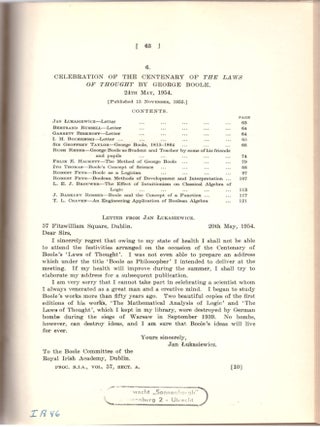 Item #29126 "Celebration of the Centenary of the 'Laws of Thought' by George Boole." (Proceedings...