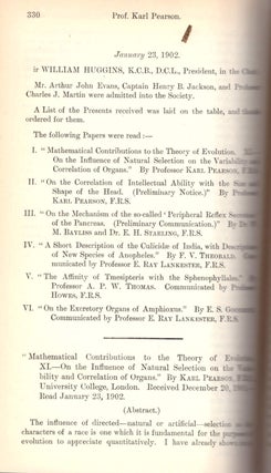 KARL PEARSON ON INTELLIGENCE: “On the Inheritance of the Mental Characters in Man;" "On the Influence of Natural Selection on the Variability and Correlation of Organs;" and "On the Correlation of Intellectual Ability with the Size and Shape of the Head” (Proceedings of the Royal Society of London, Vol. 69, pp. 153--155, 330-333, 333-342)