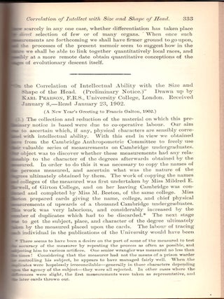KARL PEARSON ON INTELLIGENCE: “On the Inheritance of the Mental Characters in Man;" "On the Influence of Natural Selection on the Variability and Correlation of Organs;" and "On the Correlation of Intellectual Ability with the Size and Shape of the Head” (Proceedings of the Royal Society of London, Vol. 69, pp. 153--155, 330-333, 333-342)