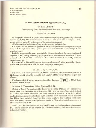 Item #29146 MIRACLE OCTAD GENERATOR: "A New Combinatorial Approach to M24" (Mathematical...