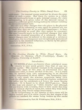 Item #29150 FIRST CALCULATION OF THE CHANDRASEKHAR LIMIT: “The Limiting Density of White Dwarf...