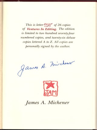 Item #29195 Ventures in Editing. James A. Michener