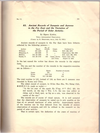 Item #30246 Ancient Records of Sunspots and Auroras in the Far East and the Variation of the...